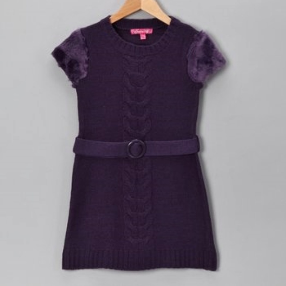 Girls Eggplant Black Faux Fur Belted Sweater Dress